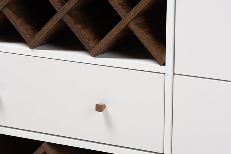 Cadmus Mid-Century Modern White and Walnut Finished Wood Wine Cabinet