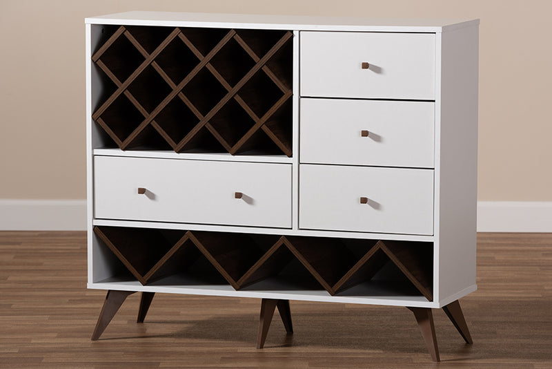 Cadmus Mid-Century Modern White and Walnut Finished Wood Wine Cabinet