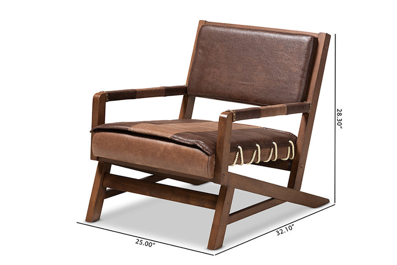 Lowri Rustic Brown Faux Leather Upholstered Walnut Lounge Chair Baxton