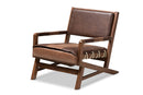 Lowri Rustic Brown Faux Leather Upholstered Walnut Lounge Chair Baxton