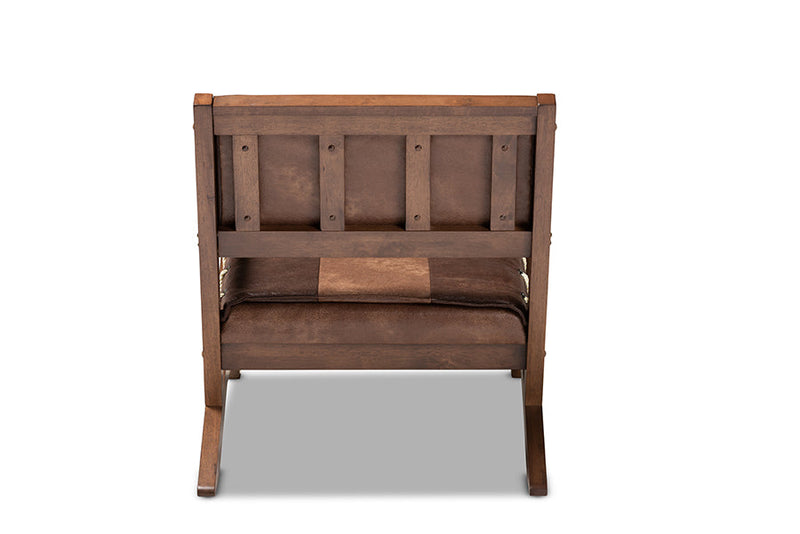 Lowri Rustic Brown Faux Leather Upholstered Walnut Lounge Chair Baxton