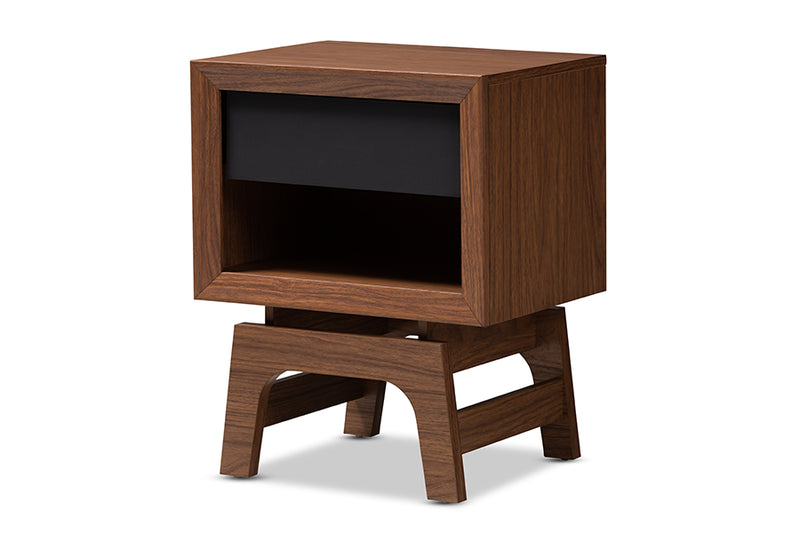 Taylor Mid-Century Modern Walnut Brown and Dark Gray Finished Wood 1-Drawer Nightstand