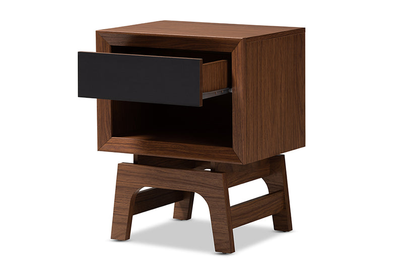 Taylor Mid-Century Modern Walnut Brown and Dark Gray Finished Wood 1-Drawer Nightstand