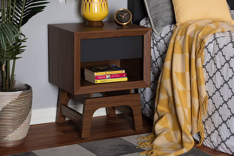 Taylor Mid-Century Modern Walnut Brown and Dark Gray Finished Wood 1-Drawer Nightstand