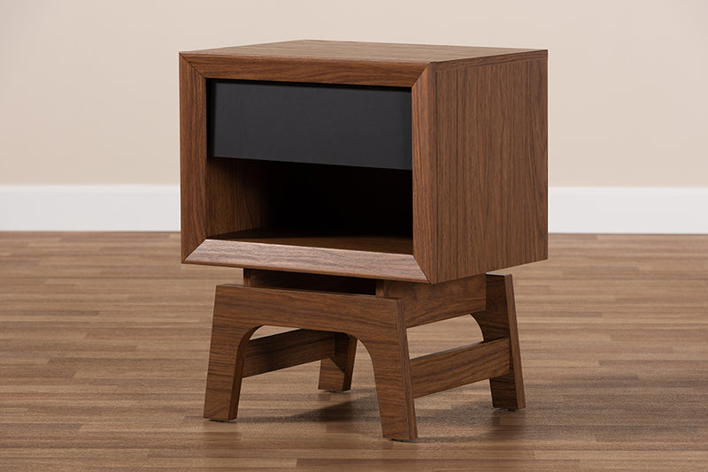 Taylor Mid-Century Modern Walnut Brown and Dark Gray Finished Wood 1-Drawer Nightstand