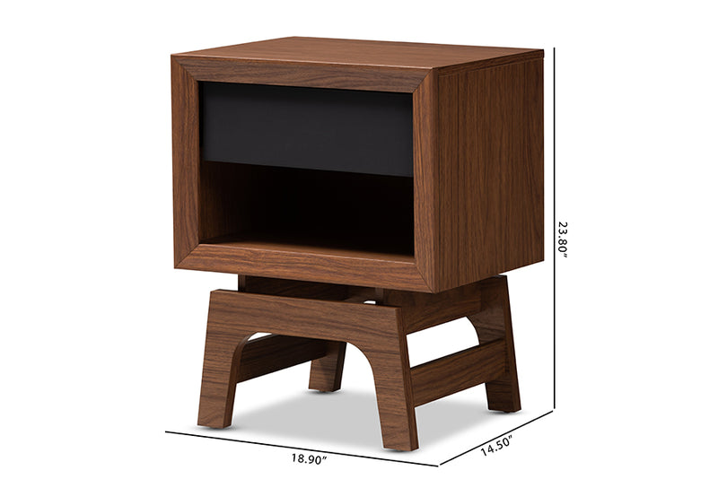 Taylor Mid-Century Modern Walnut Brown and Dark Gray Finished Wood 1-Drawer Nightstand