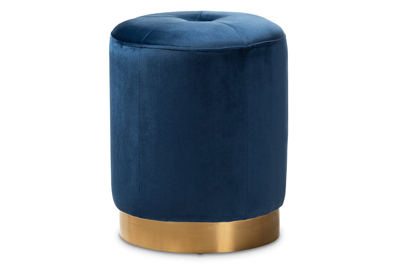 Noland Glam Navy Blue Velvet Fabric Upholstered Gold-Finished Ottoman Baxton
