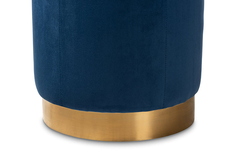 Noland Glam Navy Blue Velvet Fabric Upholstered Gold-Finished Ottoman Baxton