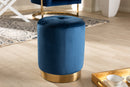 Noland Glam Navy Blue Velvet Fabric Upholstered Gold-Finished Ottoman Baxton