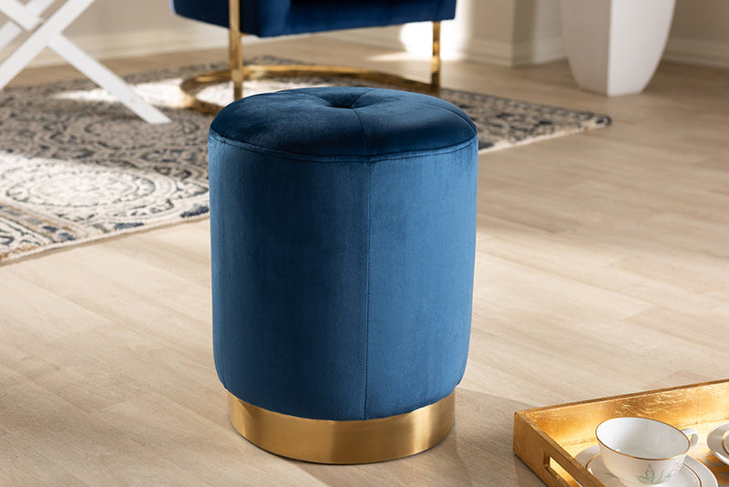 Noland Glam Navy Blue Velvet Fabric Upholstered Gold-Finished Ottoman Baxton
