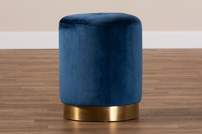 Noland Glam Navy Blue Velvet Fabric Upholstered Gold-Finished Ottoman Baxton
