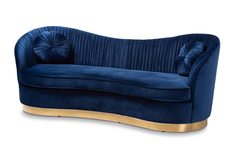 Toru Glam Royal Blue Velvet Fabric Upholstered Gold-Finished Sofa w/2 Accent Pillow