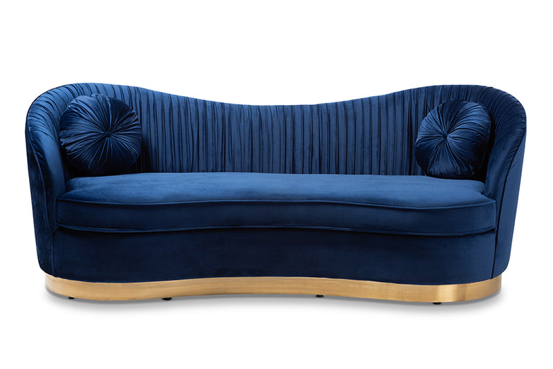 Toru Glam Royal Blue Velvet Fabric Upholstered Gold-Finished Sofa w/2 Accent Pillow