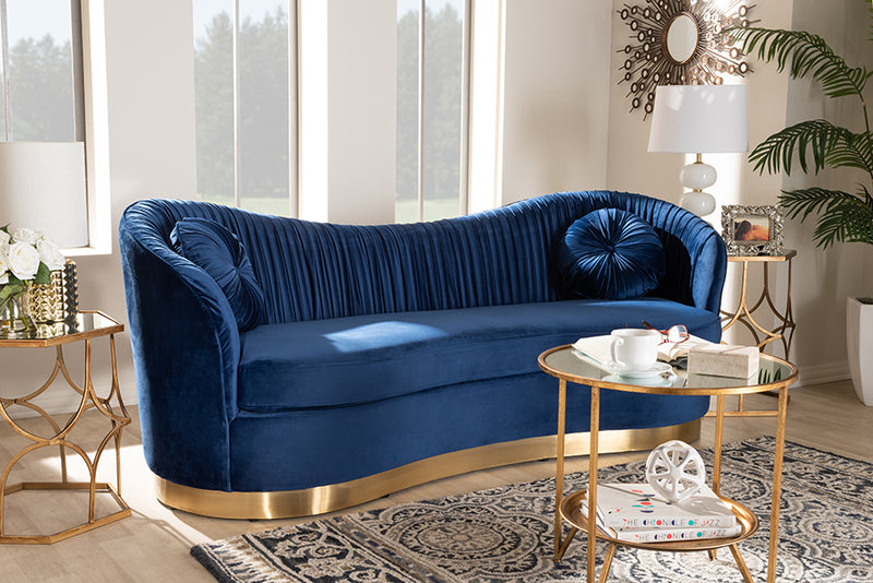 Toru Glam Royal Blue Velvet Fabric Upholstered Gold-Finished Sofa w/2 Accent Pillow