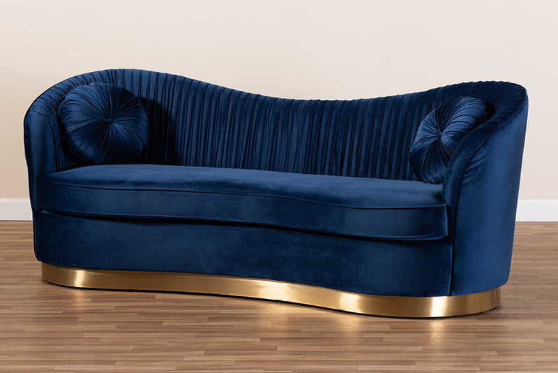 Toru Glam Royal Blue Velvet Fabric Upholstered Gold-Finished Sofa w/2 Accent Pillow