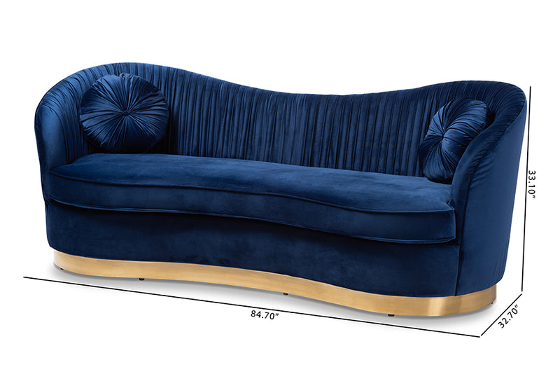 Toru Glam Royal Blue Velvet Fabric Upholstered Gold-Finished Sofa w/2 Accent Pillow