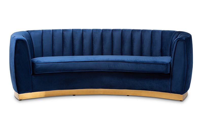 Tavor Glam Royal Blue Velvet Fabric Upholstered Brushed Gold-Finished Sofa