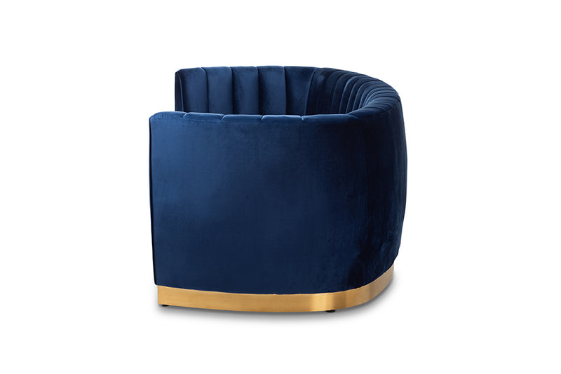 Tavor Glam Royal Blue Velvet Fabric Upholstered Brushed Gold-Finished Sofa