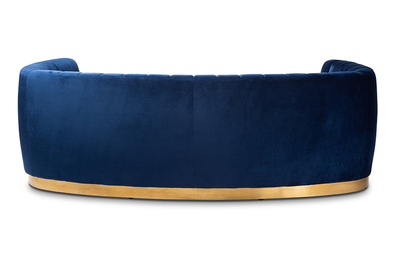 Tavor Glam Royal Blue Velvet Fabric Upholstered Brushed Gold-Finished Sofa