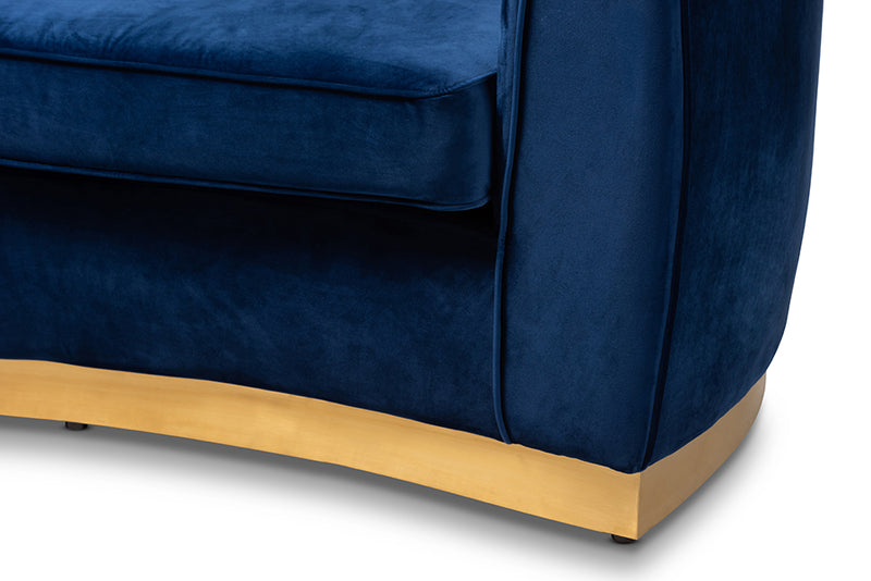 Tavor Glam Royal Blue Velvet Fabric Upholstered Brushed Gold-Finished Sofa