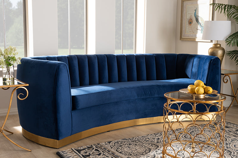 Tavor Glam Royal Blue Velvet Fabric Upholstered Brushed Gold-Finished Sofa