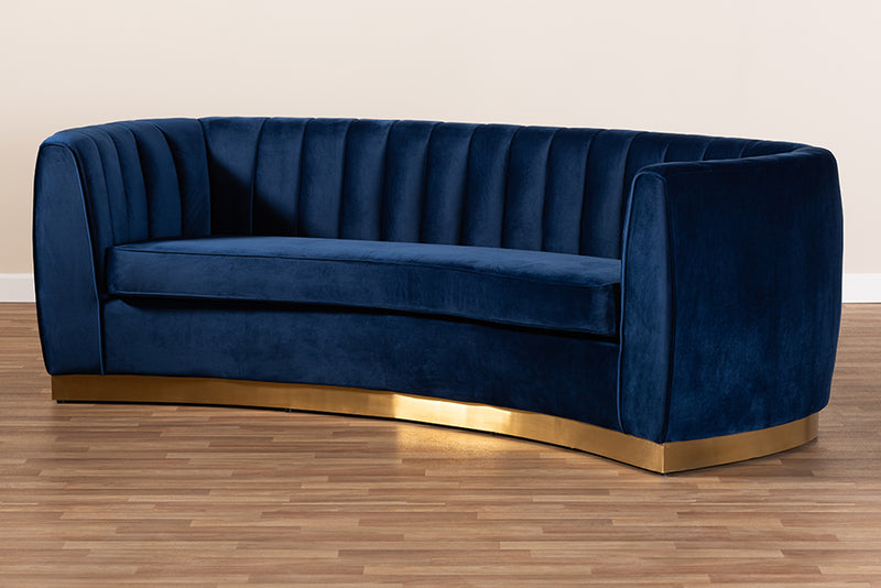 Tavor Glam Royal Blue Velvet Fabric Upholstered Brushed Gold-Finished Sofa