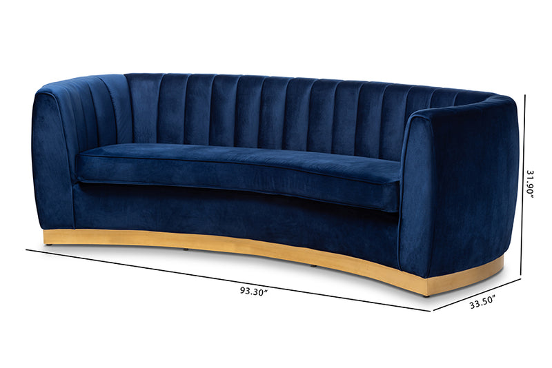 Tavor Glam Royal Blue Velvet Fabric Upholstered Brushed Gold-Finished Sofa