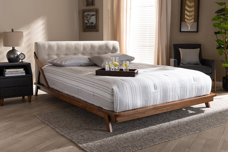 Tilde Mid-Century Modern Light Beige Fabric Upholstered Wood Full Size Platform Bed