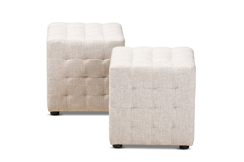 Sonore Modern and Contemporary Beige Fabric Upholstered Tufted Cube Ottoman Set of 2