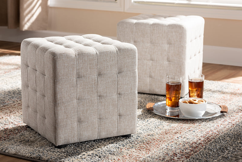 Sonore Modern and Contemporary Beige Fabric Upholstered Tufted Cube Ottoman Set of 2