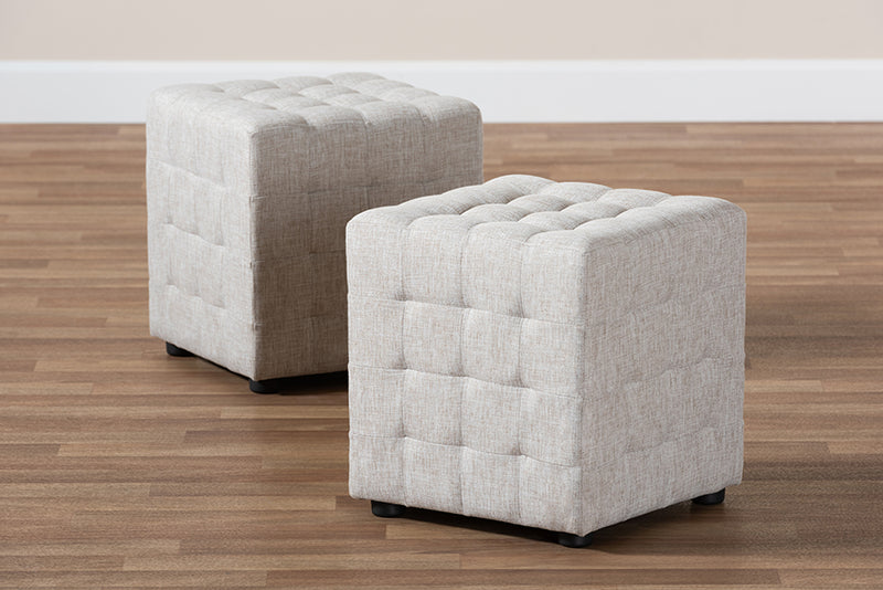 Sonore Modern and Contemporary Beige Fabric Upholstered Tufted Cube Ottoman Set of 2