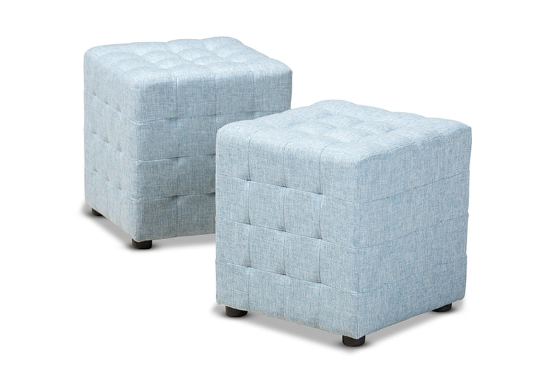 Sonore Modern and Contemporary Light Blue Fabric Upholstered Tufted Cube Ottoman Set of 2