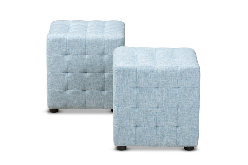 Sonore Modern and Contemporary Light Blue Fabric Upholstered Tufted Cube Ottoman Set of 2