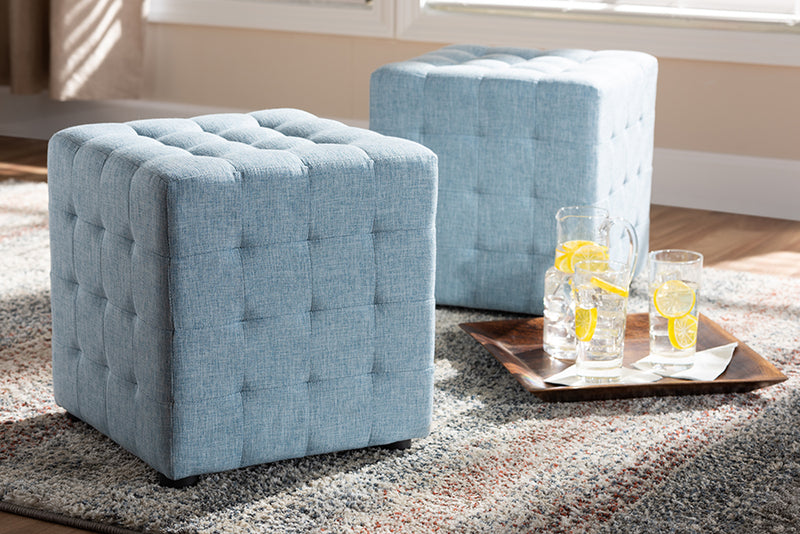 Sonore Modern and Contemporary Light Blue Fabric Upholstered Tufted Cube Ottoman Set of 2