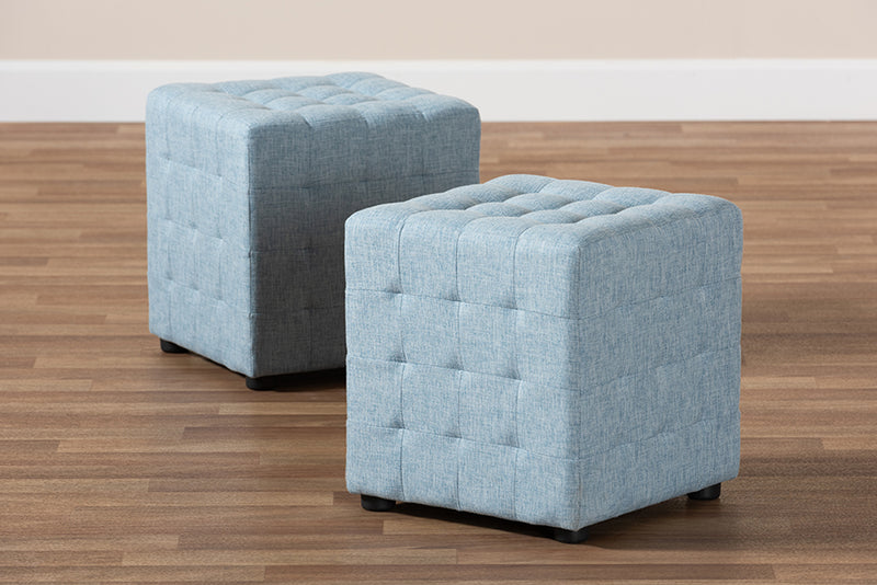 Sonore Modern and Contemporary Light Blue Fabric Upholstered Tufted Cube Ottoman Set of 2