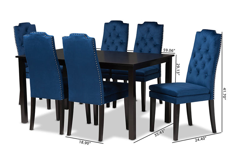 Newcastle Navy Blue Velvet Fabric Upholstered and Dark Brown 7-Piece Dining Set Baxton