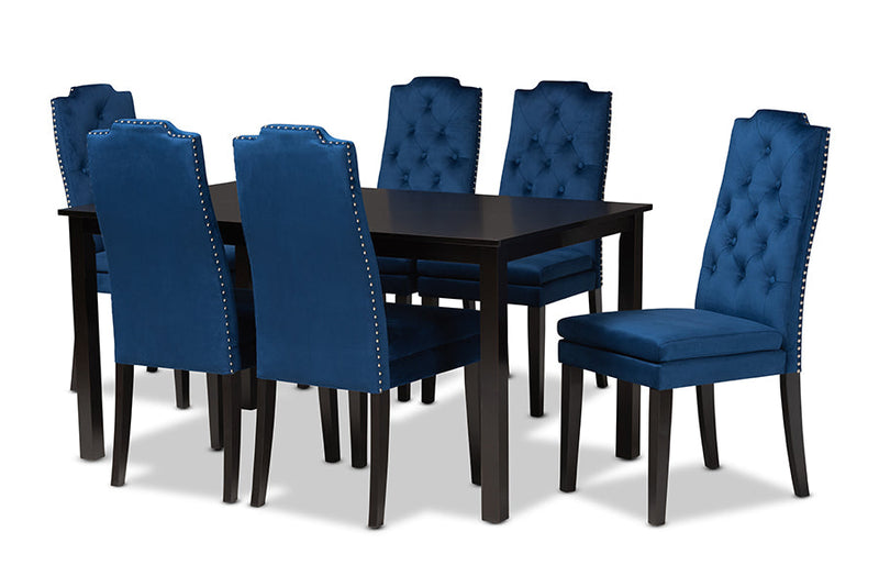 Newcastle Navy Blue Velvet Fabric Upholstered and Dark Brown 7-Piece Dining Set Baxton