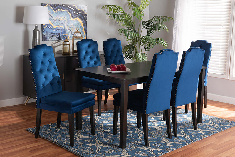 Newcastle Modern and Contemporary Navy Blue Velvet Fabric Upholstered and Dark Brown Finished Wood 7-Piece Dining Set