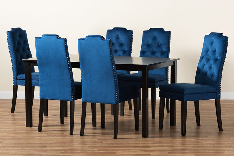 Newcastle Navy Blue Velvet Fabric Upholstered and Dark Brown 7-Piece Dining Set Baxton