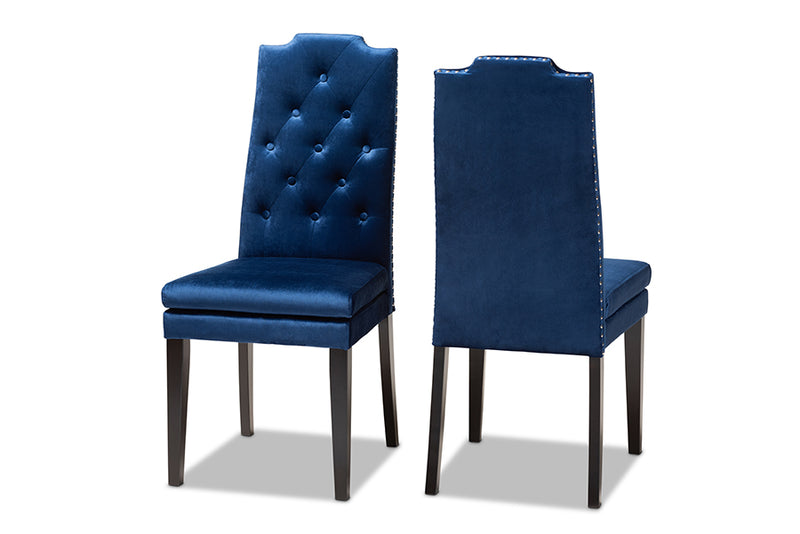 Newcastle Modern and Contemporary Navy Blue Velvet Fabric Upholstered Button Tufted Wood Dining Chair Set of 2