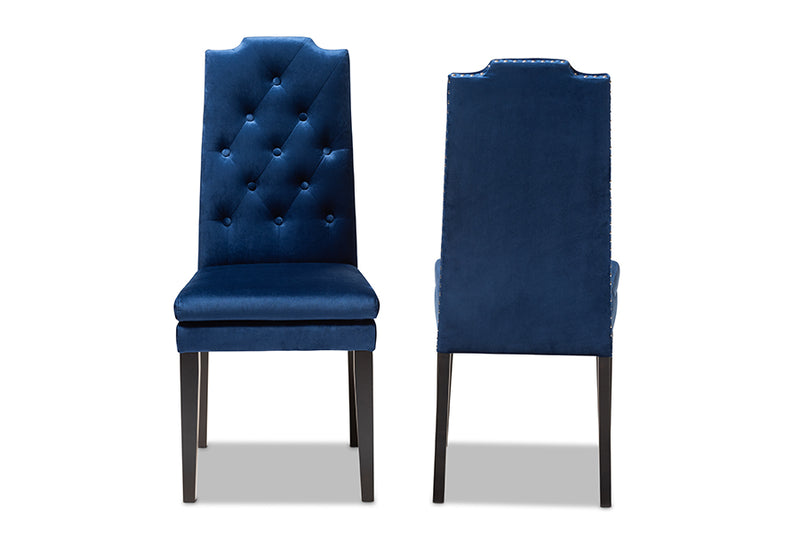 Newcastle Modern and Contemporary Navy Blue Velvet Fabric Upholstered Button Tufted Wood Dining Chair Set of 2