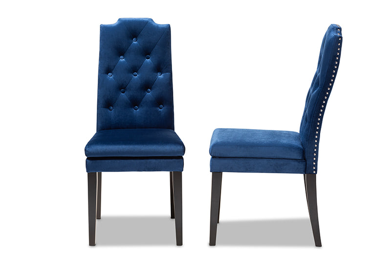 Newcastle Modern and Contemporary Navy Blue Velvet Fabric Upholstered Button Tufted Wood Dining Chair Set of 2