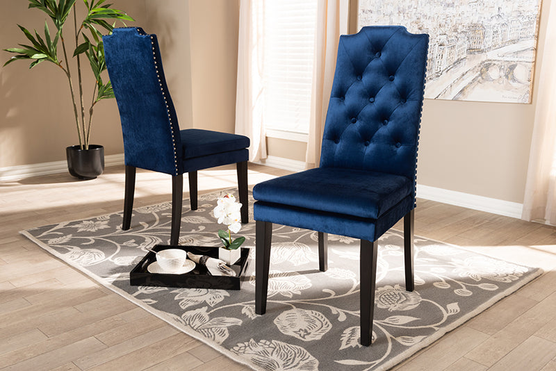 Newcastle Modern and Contemporary Navy Blue Velvet Fabric Upholstered Button Tufted Wood Dining Chair Set of 2