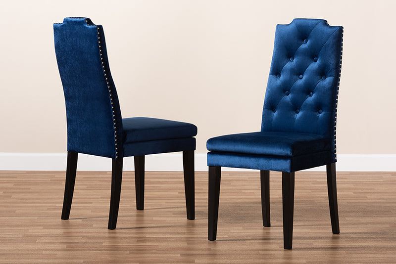 Newcastle Modern and Contemporary Navy Blue Velvet Fabric Upholstered Button Tufted Wood Dining Chair Set of 2