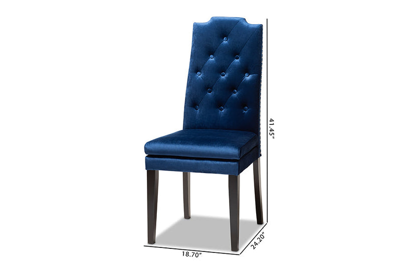 Newcastle Navy Blue Velvet Fabric Button Tufted Wood Dining Chair Set of 2 Baxton