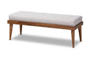 Florica Greyish Beige Fabric Upholstered and Button Tufted Wood Bench Baxton