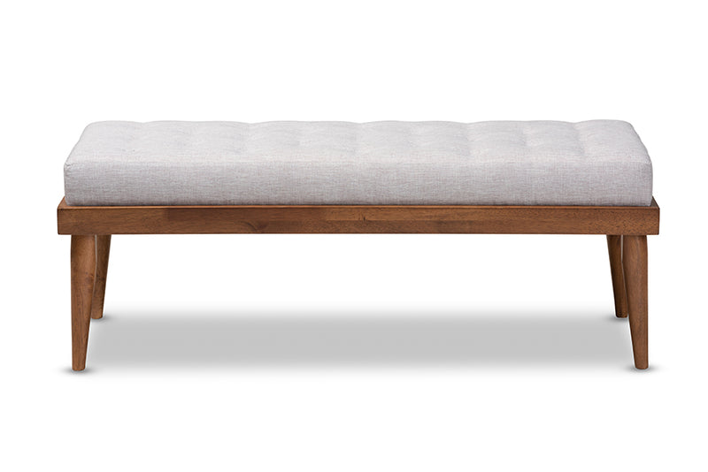 Florica Mid-Century Modern Greyish Beige Fabric Upholstered and Button Tufted Wood Bench