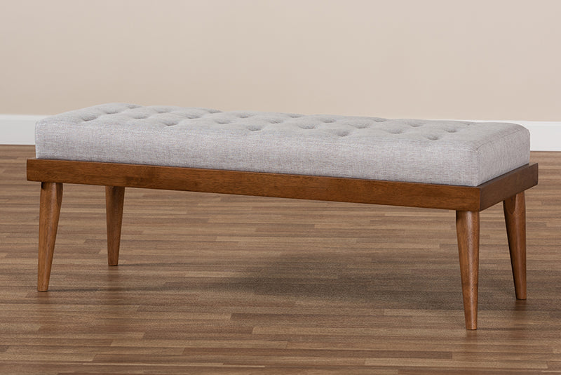 Florica Mid-Century Modern Greyish Beige Fabric Upholstered and Button Tufted Wood Bench