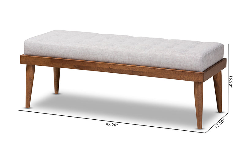 Florica Mid-Century Modern Greyish Beige Fabric Upholstered and Button Tufted Wood Bench