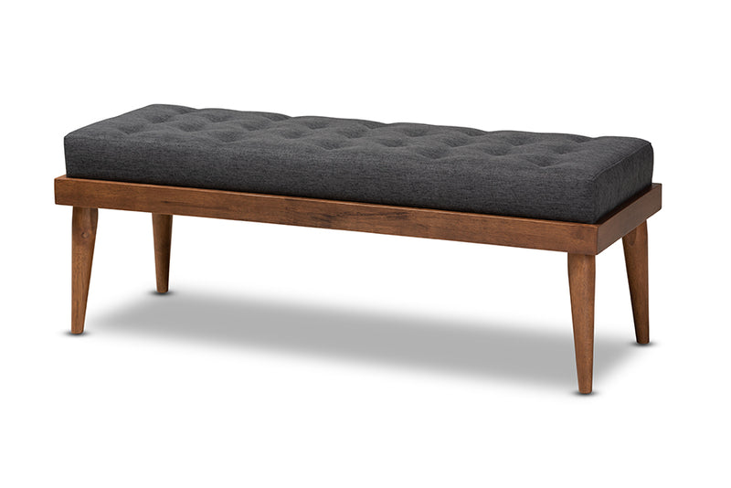 Florica Mid-Century Modern Dark Gray Fabric Upholstered and Button Tufted Wood Bench